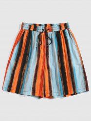 Colorful Stripe Print Drawstring Beach Shorts -  