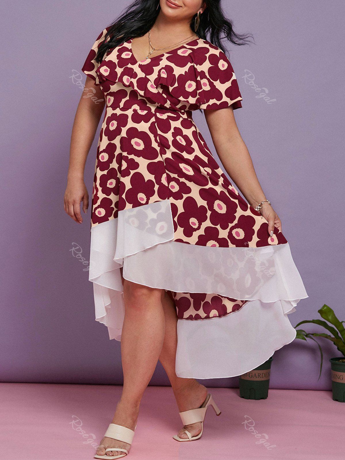 Cheap Plus Size Floral Print Maxi High Low Dress  