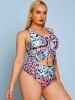 Plus Size Snake Print Cinched Ruched Crisscross Tummy Control Modest Tankini Swimwear -  