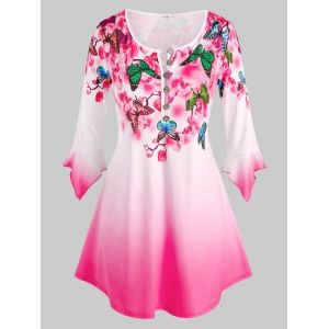 

Plus Size Bell Sleeve Butterfly Floral Print Ombre Color Tee, Light pink