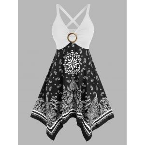 

Plus Size Tribal Paisley Print Crisscross Handkerchief Dress, White