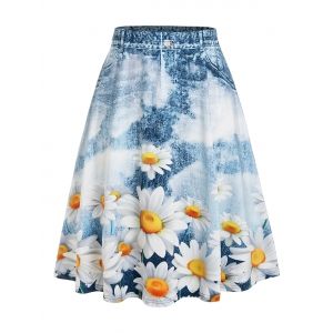 

Plus Size Sunflower Print A Line Skirt, Deep blue