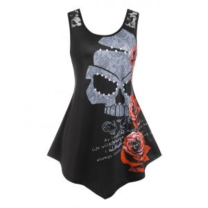 

Plus Size Lace Panel Skull Floral Print Irregular Tank Top, Black