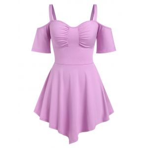 

Plus Size Ruched Cold Shoulder Irregular Tee, Light purple