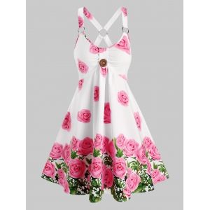 

Sleeveless Rose Flower Print O-ring Dress, Light pink