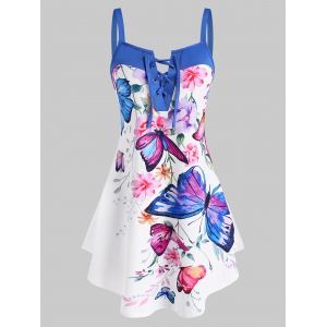 

Lace Up Flower Butterfly Print Curved Hem Tank Top, Multi