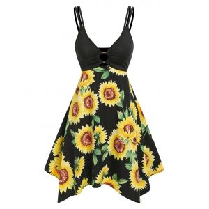 

Strappy Sunflower Print O-ring Handkerchief Dress, Black