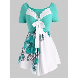 

Ruffle Bowknot Flower Print Asymmetric T Shirt, Green