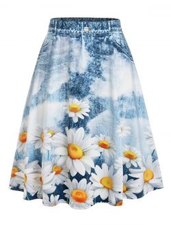 Plus Size Sunflower Print A Line Skirt - DEEP BLUE - L