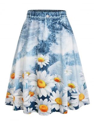 Plus Size Sunflower Print A Line Skirt
