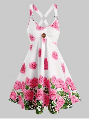 Sleeveless Rose Flower Print O-ring Dress