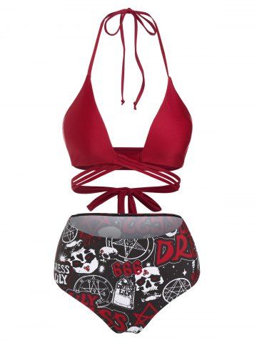 Skull Letters Graphic Print Halter Wrap Bikini Set - DEEP RED - L