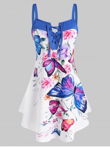 Lace Up Flower Butterfly Print Curved Hem Tank Top - MULTI - XXXL