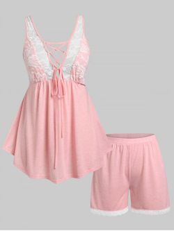 Plus Size & Curve Lace See Thru Lace-up Pajama Tank and Shorts Set - LIGHT PINK - 1X