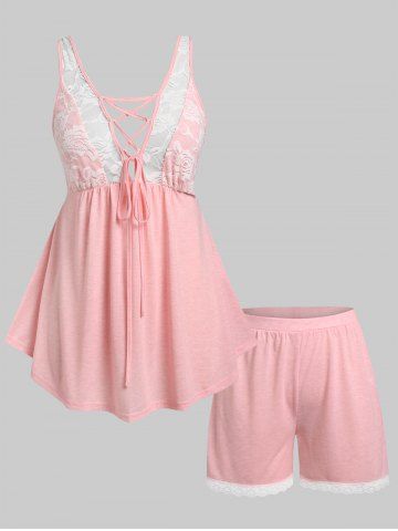 Plus Size & Curve Lace See Thru Lace-up Pajama Tank and Shorts Set - LIGHT PINK - 2X