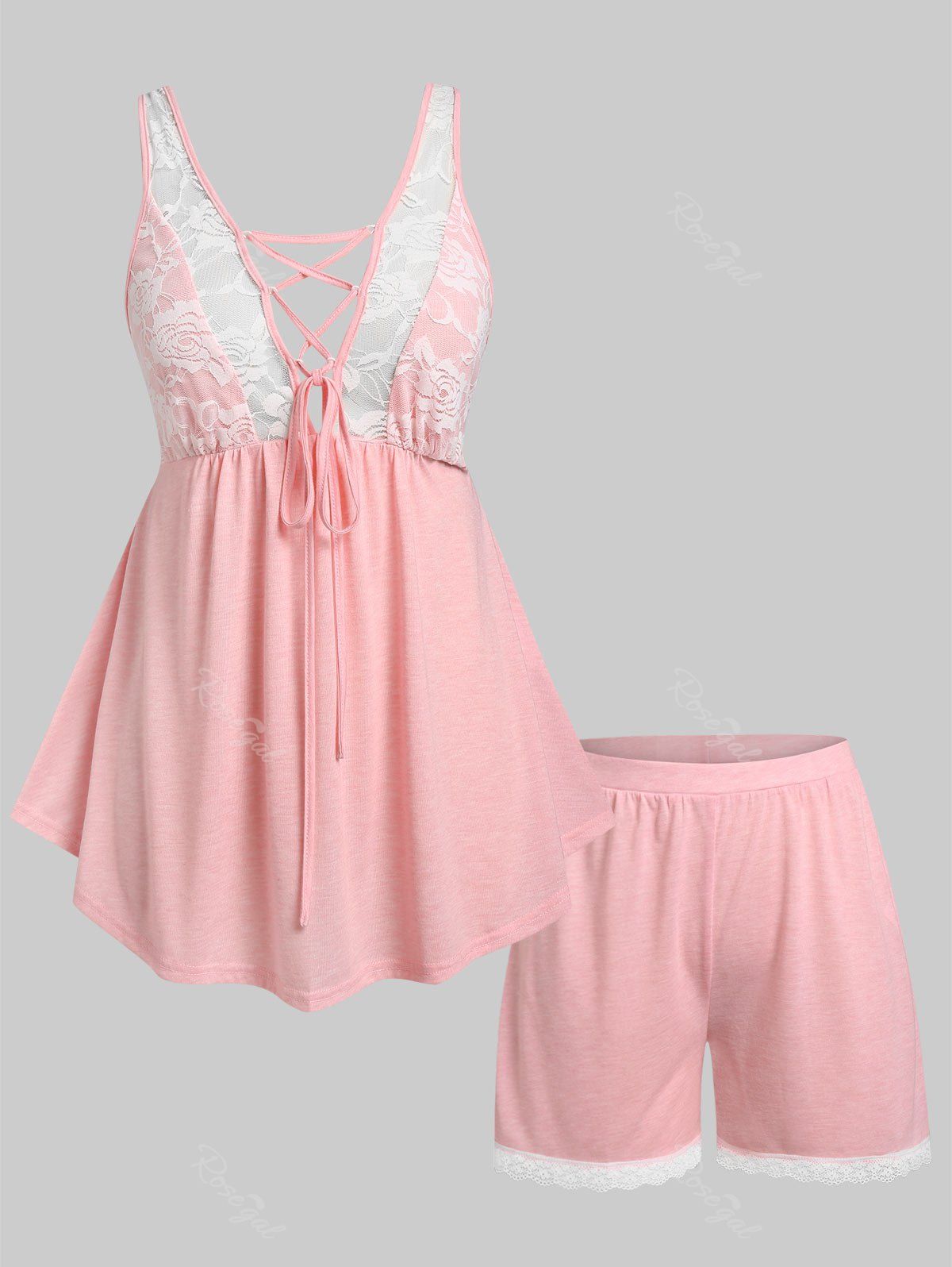 Buy Plus Size & Curve Lace See Thru Lace-up Pajama Tank and Shorts Set  