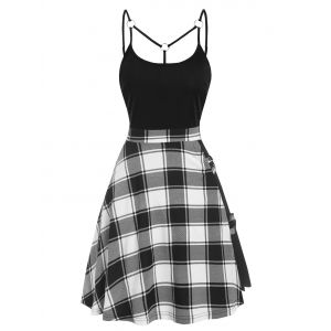 

Tartan Plaid Panel Crisscross Cami A Line Dress, White