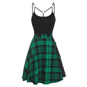 

Tartan Plaid Panel Crisscross Cami A Line Dress, Green