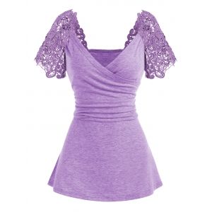 Raglan Sleeve Guipure Insert Surplice T Shirt, Purple