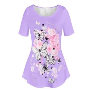 

Plus Size Floral Butterfly Print Tunic T Shirt, Light purple