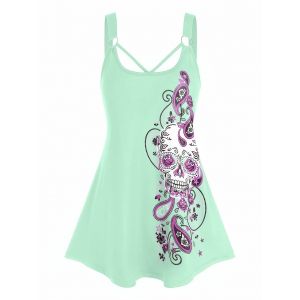 

Plus Size O Ring Paisley Skull Print Tank Top, Light green