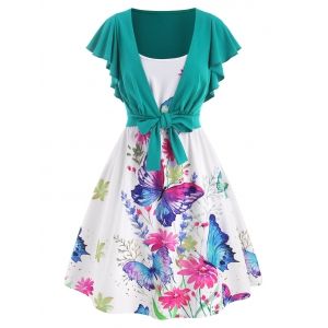 

Cami Flower Butterfly Print Dress with Tie Front T Shirt, Multi