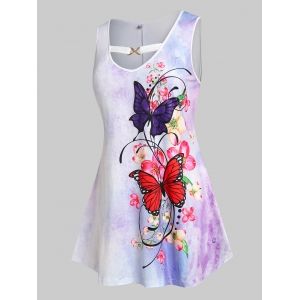 

Plus Size Flower Butterfly Tie Dye Curved Hem Tank Top, Light purple