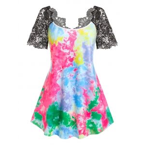 Plus Size Tie Dye Lace Sleeve Tee, Black
