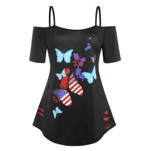 

Plus Size Open Shoulder Butterfly Print Tee, Black