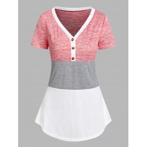 

Colorblock Buttons V Neck T Shirt, Multi