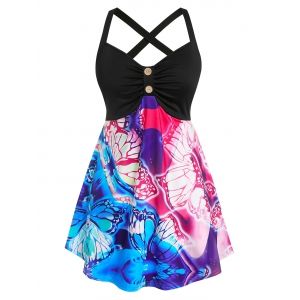 

Plus Size Crisscross Butterfly Floral Print Tank Top, Multi