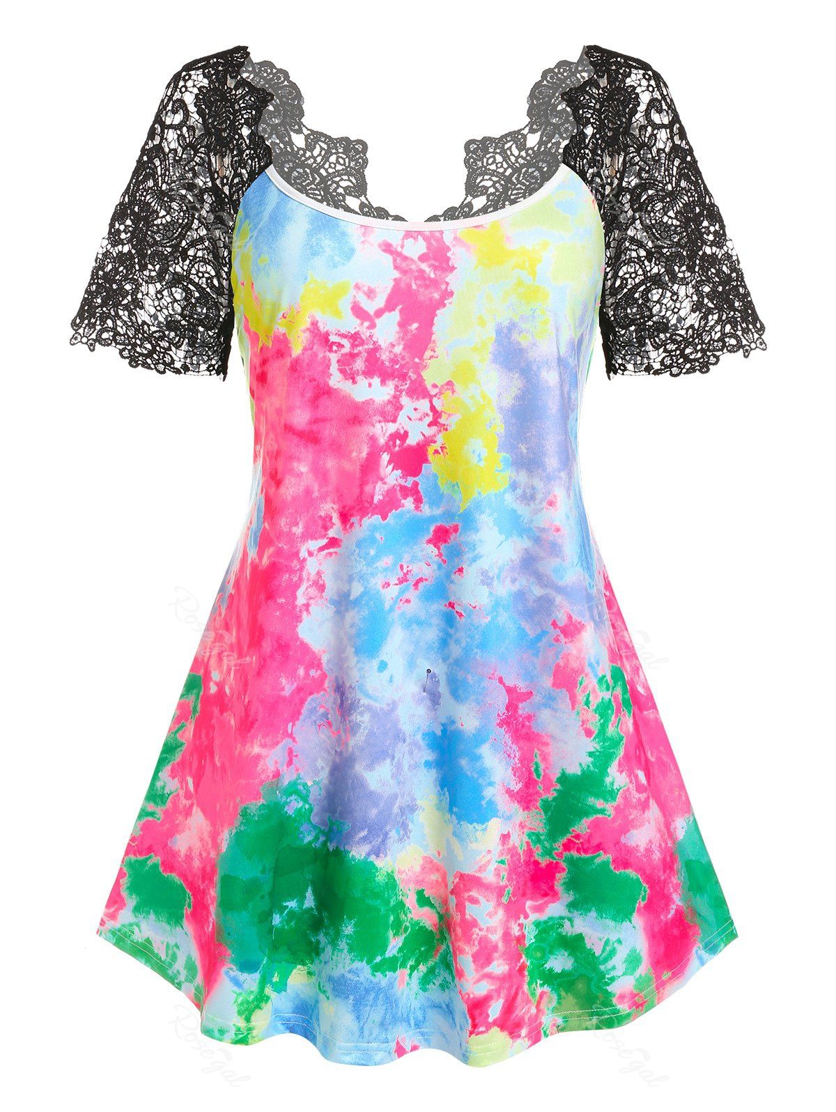 Affordable Plus Size Tie Dye Lace Sleeve Tee  