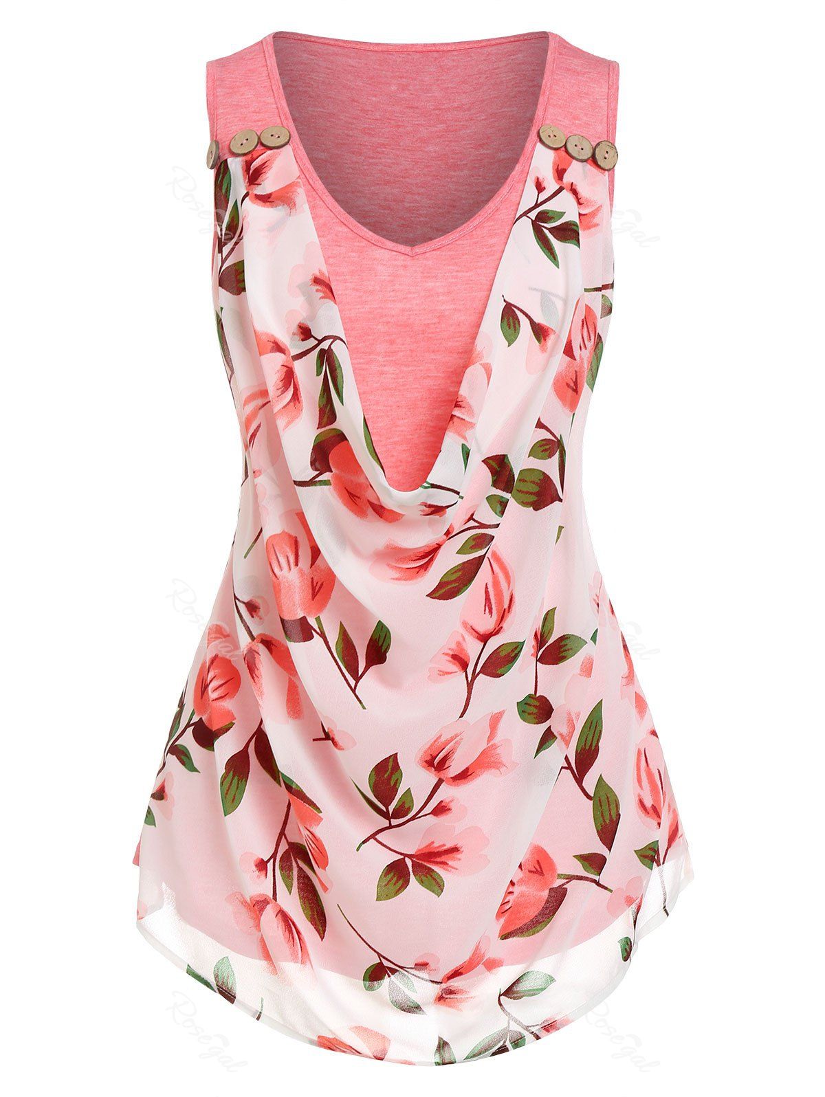 Latest Cowl Front Floral Print Overlay Tank Top  