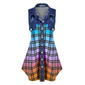 

Plus Size Sleeveless Flap Detail Ombre Color Plaid Blouse, Blue