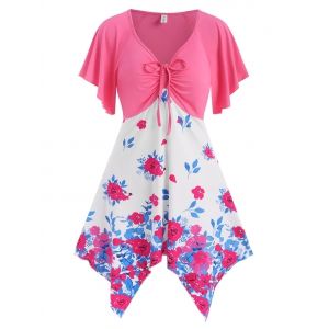 

Floral Cinched Ruched Handkerchief Hem Flutter Sleeve Tunic Top, Light pink