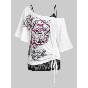 

Plus Size Flower Cinched Tie T-shirt and Sheer Lace Cami Top Set, White