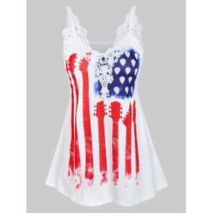 

Lace Panel American Flag Print Tank Top, White
