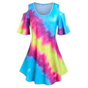 

Plus Size Flare Sleeve Tie Dye Cold Shoulder Tee, Multi