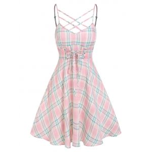 

Criss-cross Plaid Print Lace-up Cami Dress, Light pink