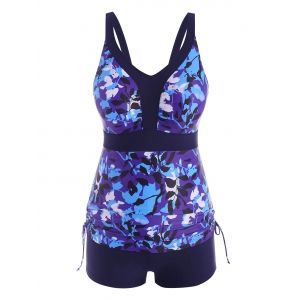 

Plus Size Modest Leaf Print Ruched Boyshorts Tankini Swimwear, Deep blue