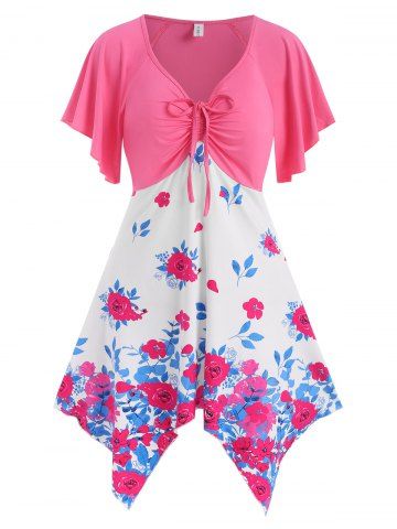 Floral Cinched Ruched Handkerchief Hem Flutter Sleeve Tunic Top - LIGHT PINK - M