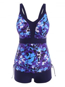 Plus Size Leaf Print Ruched Boyshorts Modest Tankini Swimwear - DEEP BLUE - L