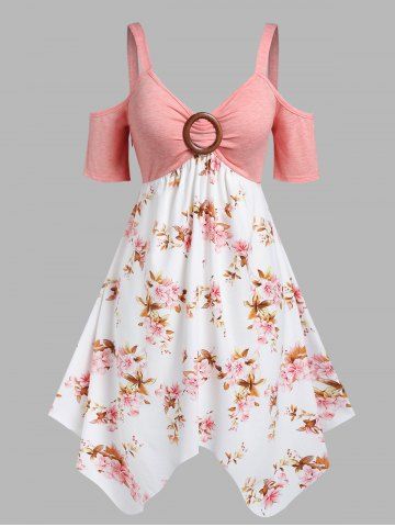 Plus Size Cold Shoulder O Ring Floral Print Handkerchief Dress - PINK - 5X