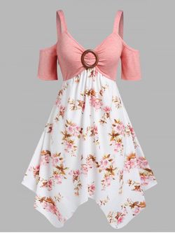 Plus Size Cold Shoulder O Ring Floral Print Handkerchief Dress - PINK - 3X