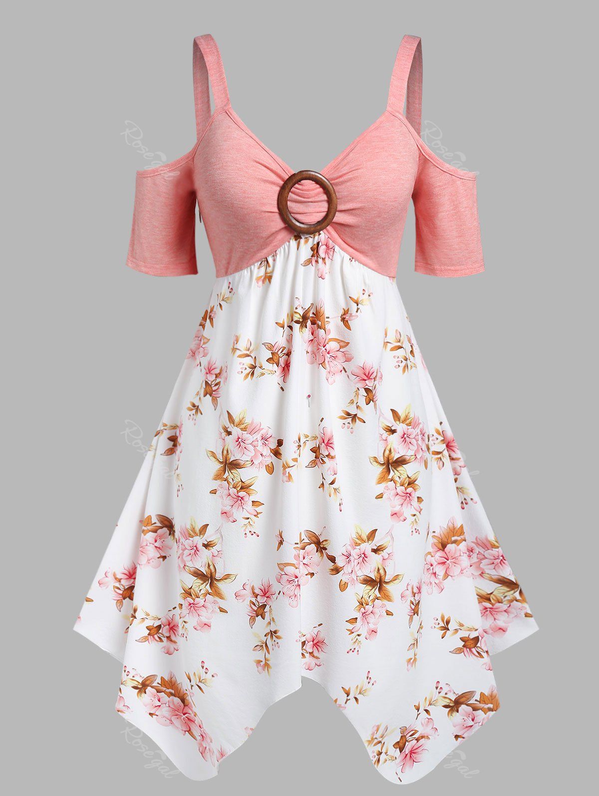 Sale Plus Size Cold Shoulder O Ring Floral Print Handkerchief Dress  