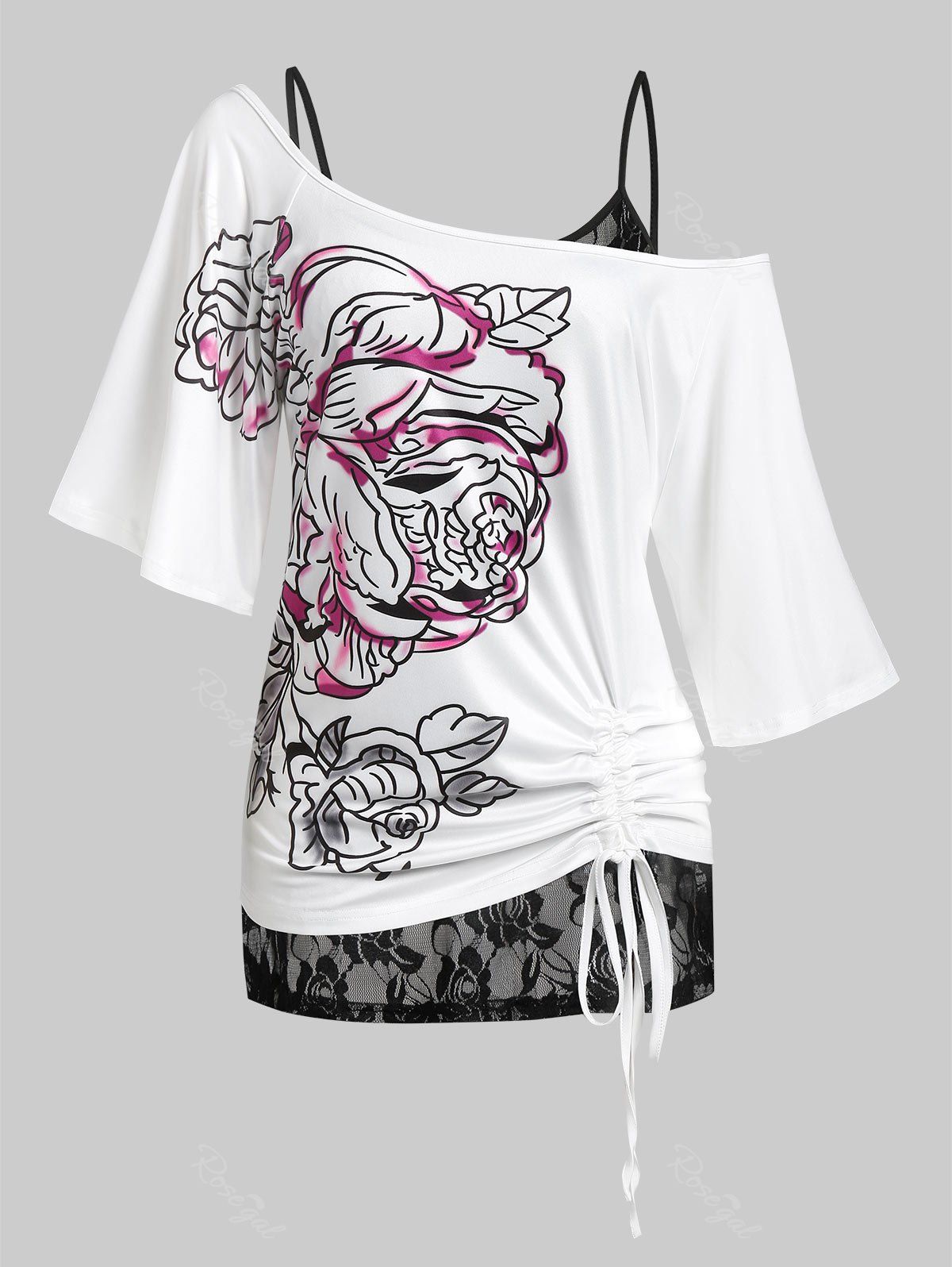 Outfits Plus Size Flower Cinched Tie T-shirt and Sheer Lace Cami Top Set  