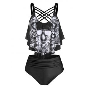 

Skull Flower Print Criss-cross Padded Tankini Set, Black