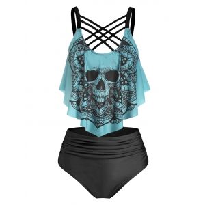 

Skull Flower Print Criss-cross Padded Tankini Set, Turquoise