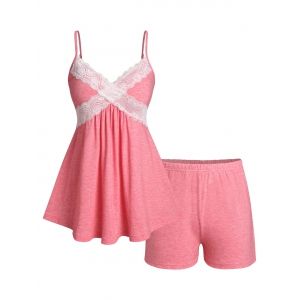 

Plus Size Lace Panel Pajama Cami Skirted Top and Shorts Set, Light pink