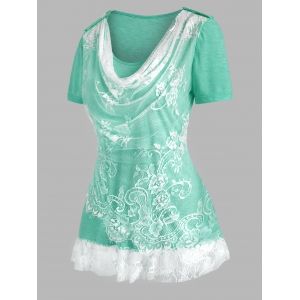 

Lace Insert Cowl Front Ruffle Hem T Shirt, Green